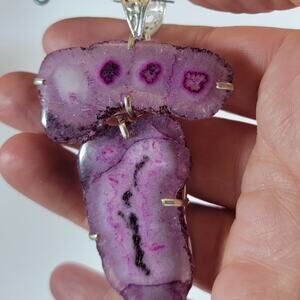 Raw Purple Druzy Pendant – Agate Slice Necklace + 20" Silver Snake Chain